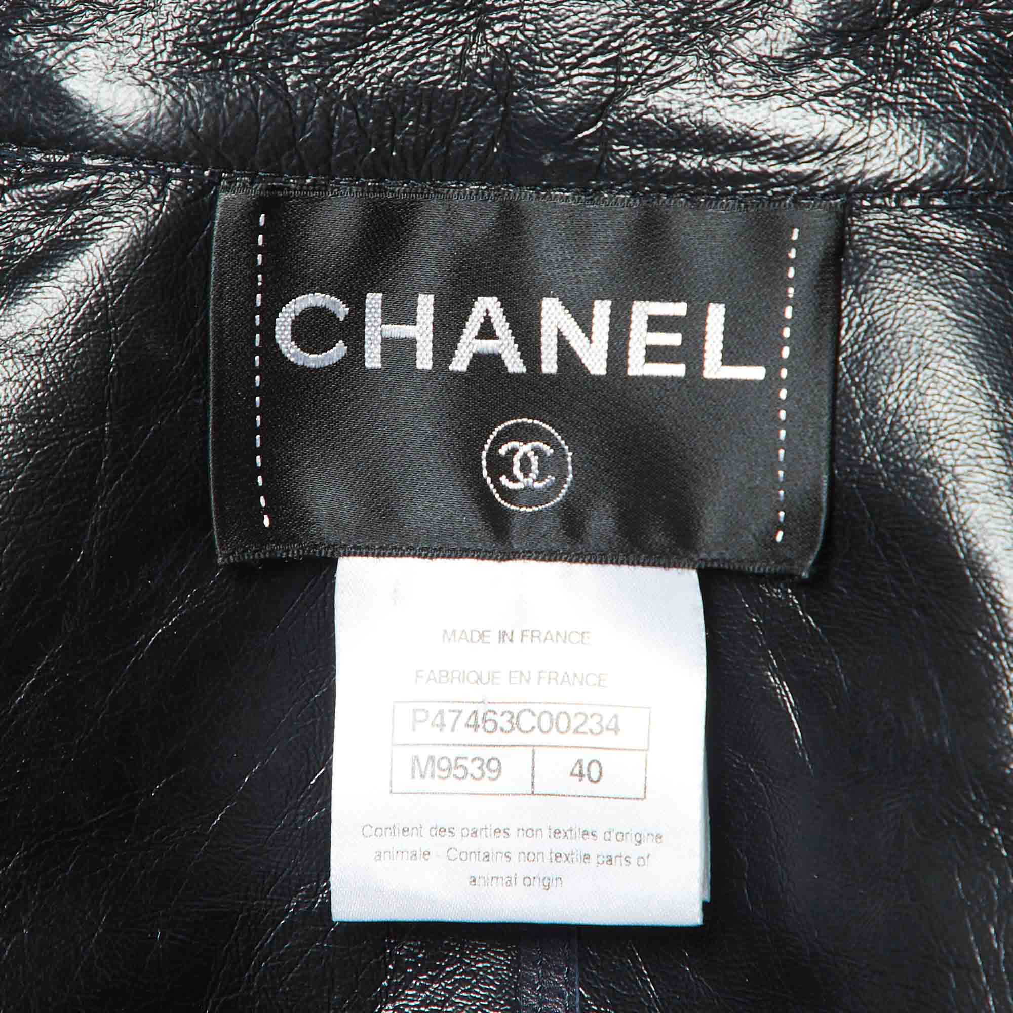 Chanel Navy Blue Leather Zip-Up Button Detail Jacket M