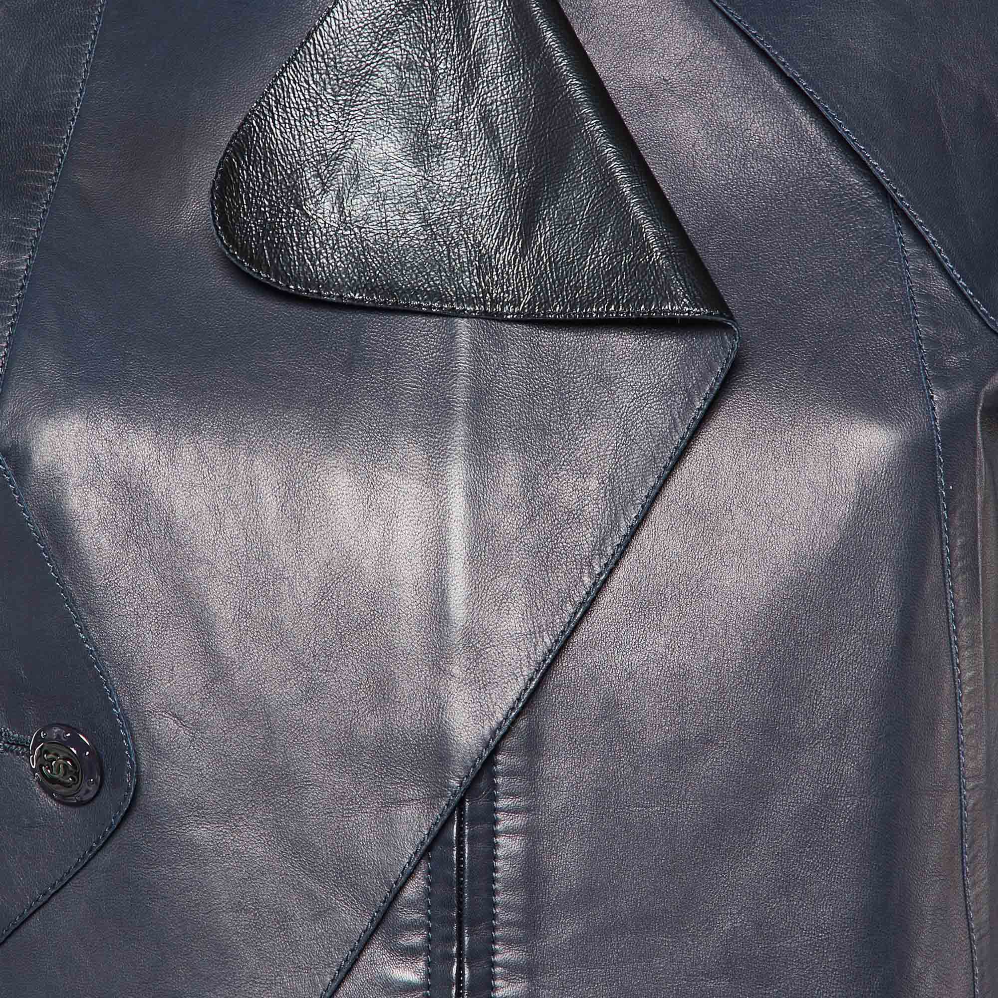 Chanel Navy Blue Leather Zip-Up Button Detail Jacket M