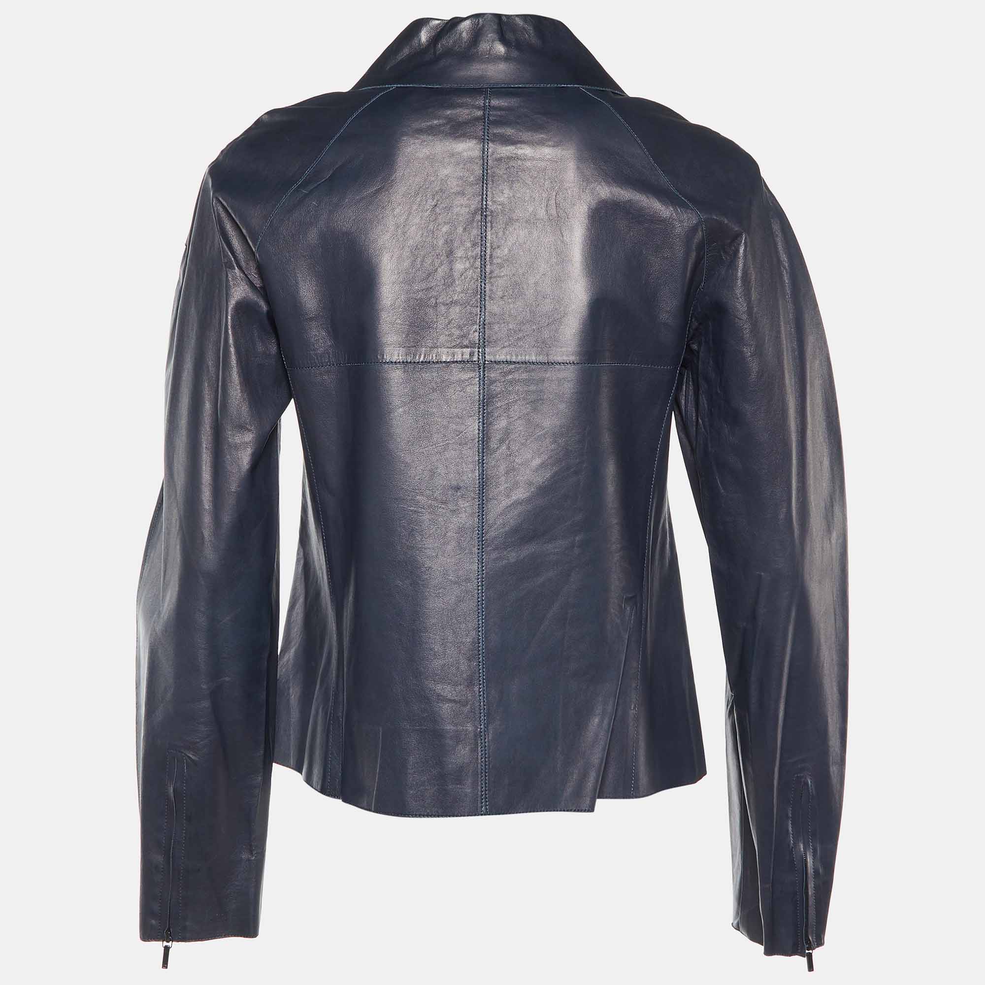 Chanel Navy Blue Leather Zip-Up Button Detail Jacket M