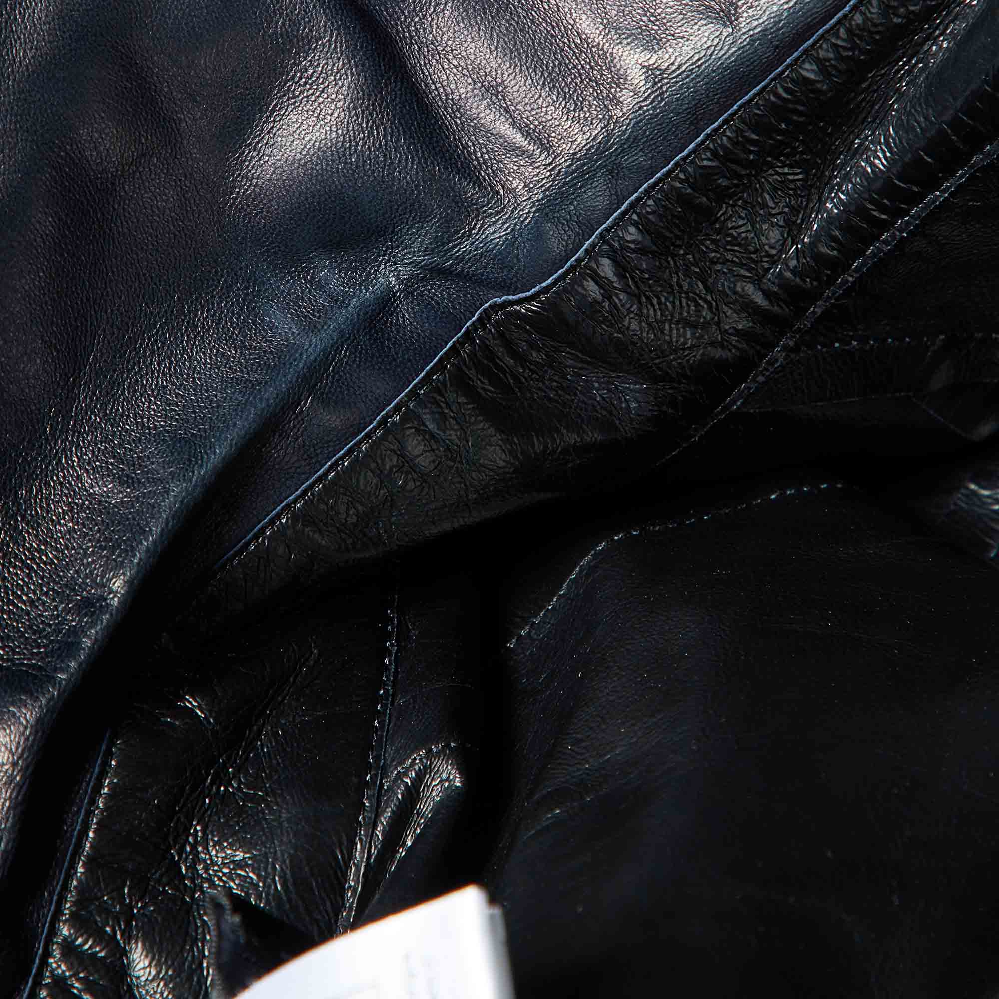 Chanel Navy Blue Leather Zip-Up Button Detail Jacket M