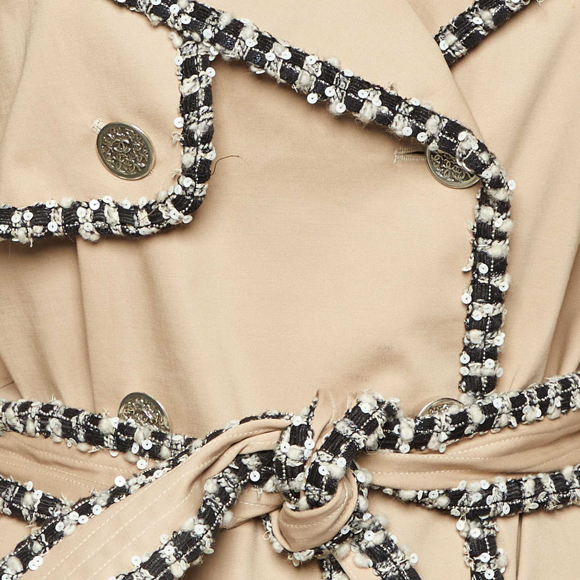 Chanel Beige Cotton Tweed Trim Trench Coat M