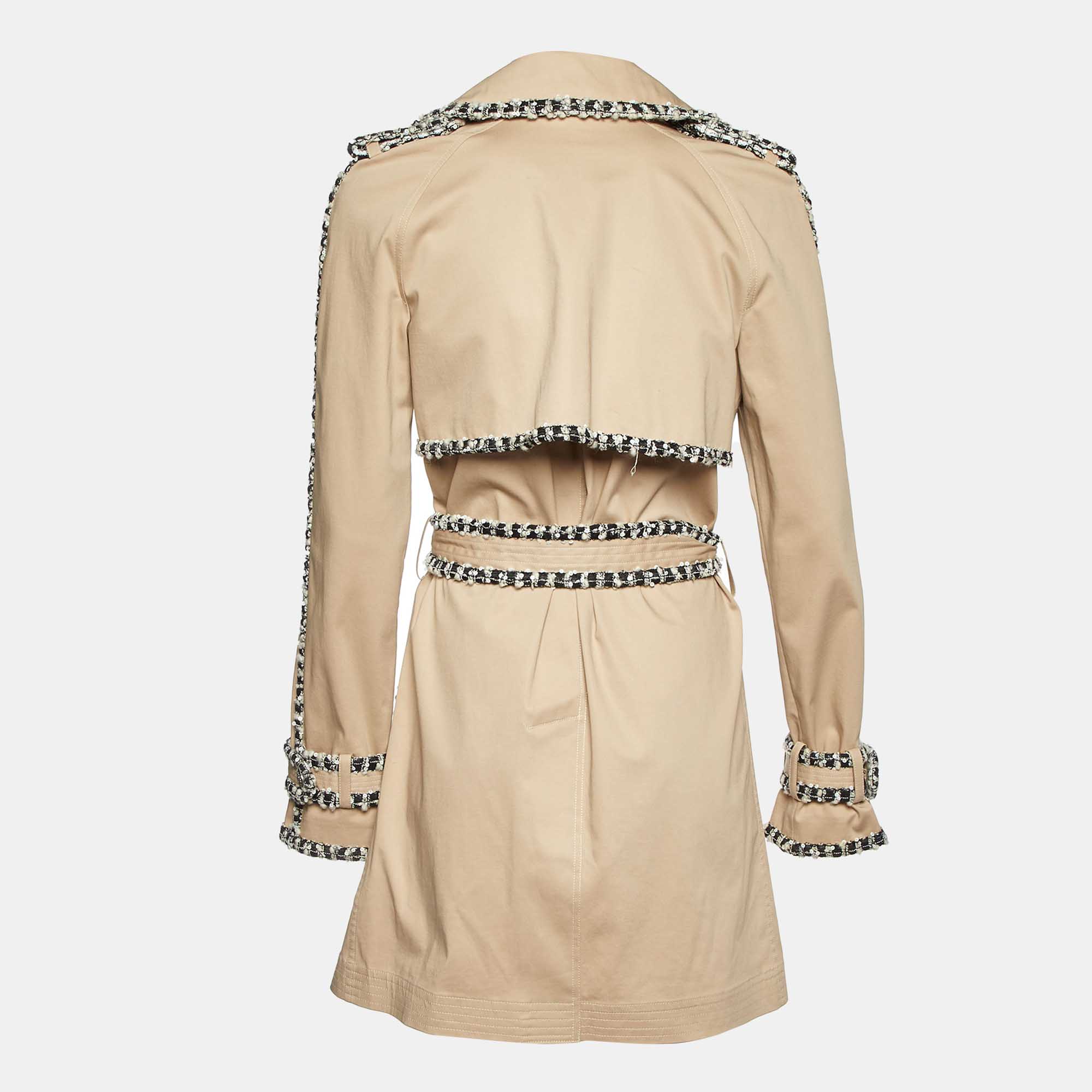 Chanel Beige Cotton Tweed Trim Trench Coat M