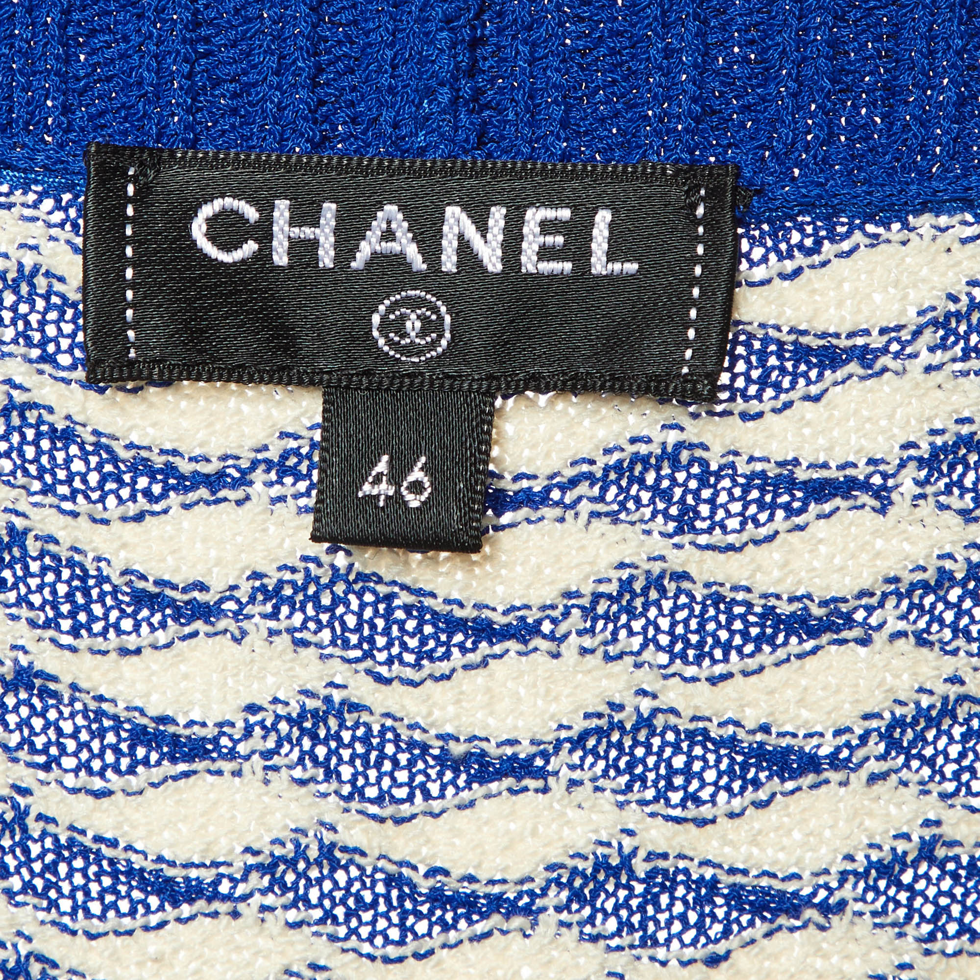 Chanel Blue/White Wavy Knit Sleeveless Belted Long Cardigan XL