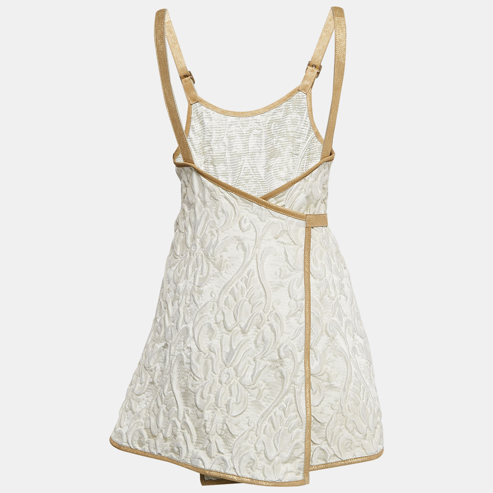 Chanel White Jacquard Golden Suede Trim Mini Wrap Dress M