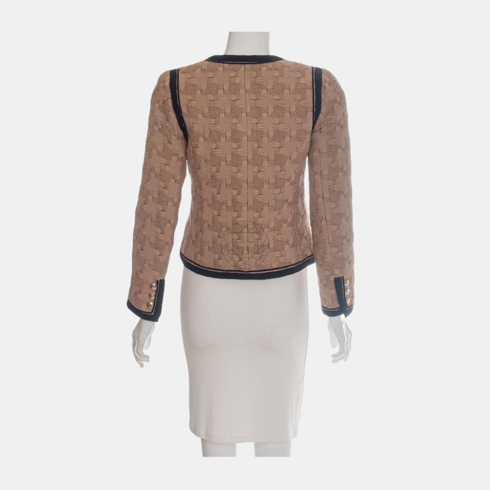 Chanel Brown Woven Wool Round Neck Jacket S