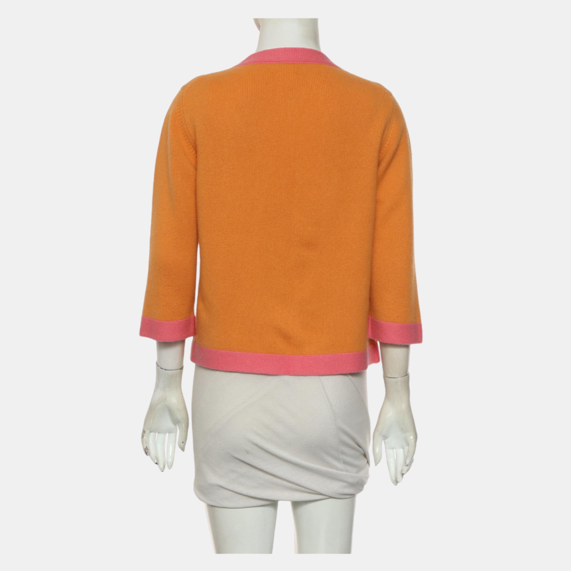 Chanel Orange/Pink Contrast Trimmed Knit Cardigan M