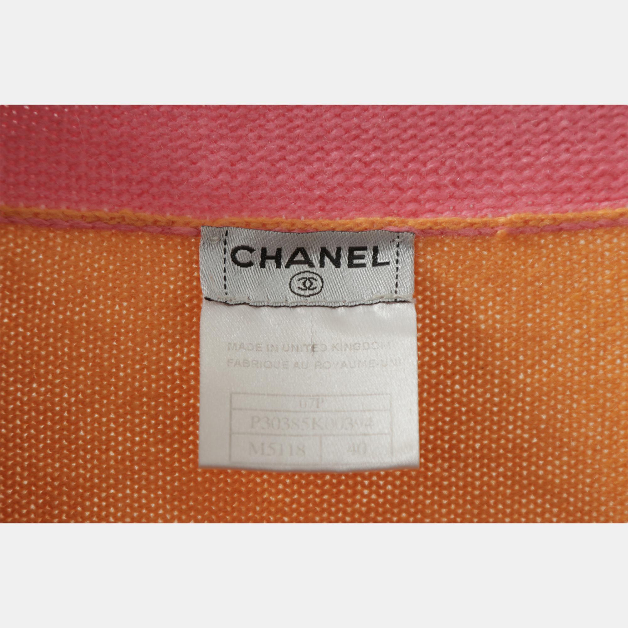 Chanel Orange/Pink Contrast Trimmed Knit Cardigan M