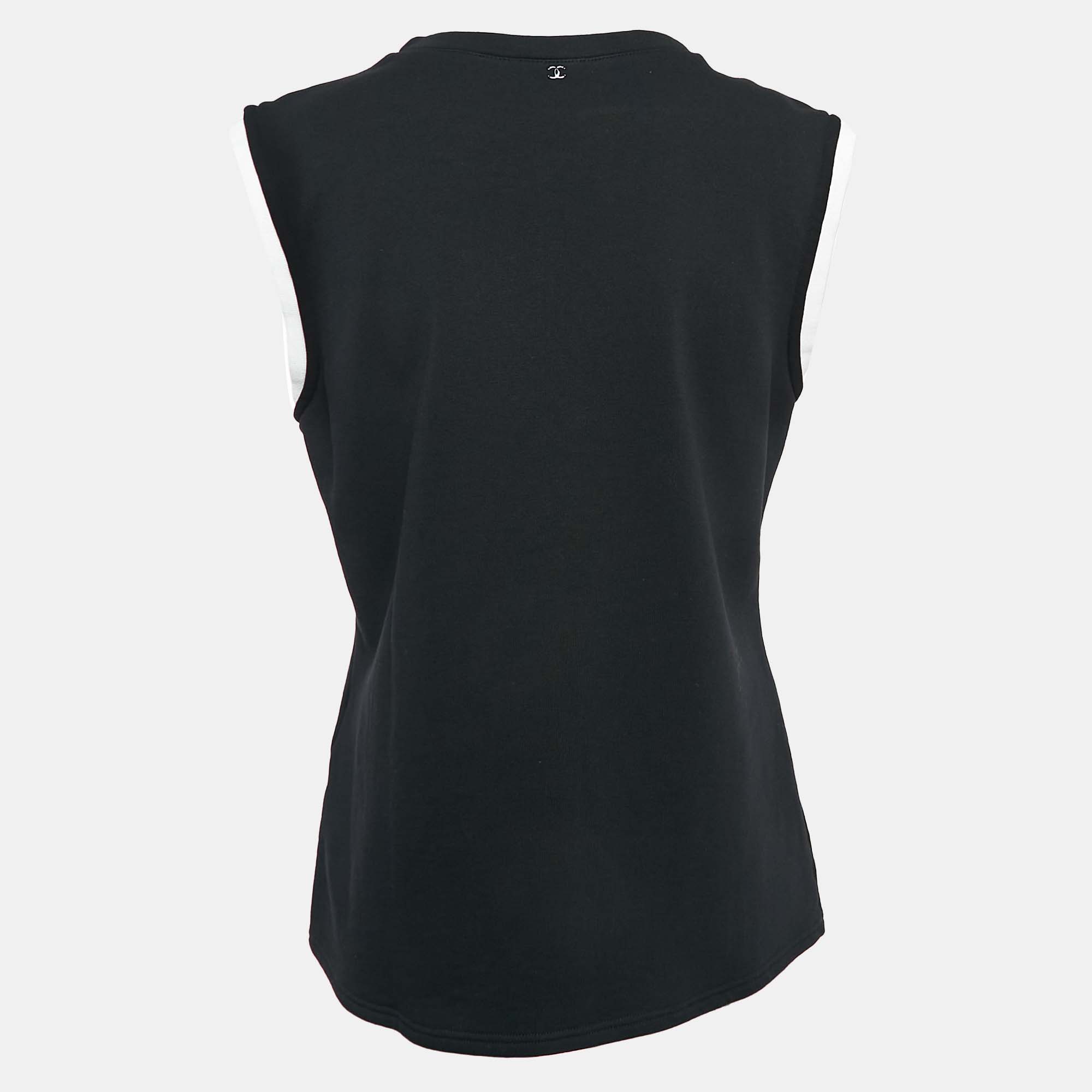 Chanel Black Printed Cotton Sleeveless T-Shirt M