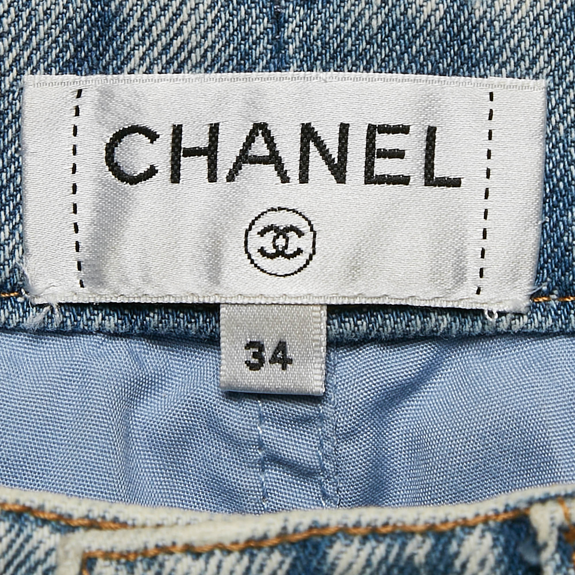 Chanel Navy Blue Light Blue Coco Embroidered Denim Shorts S