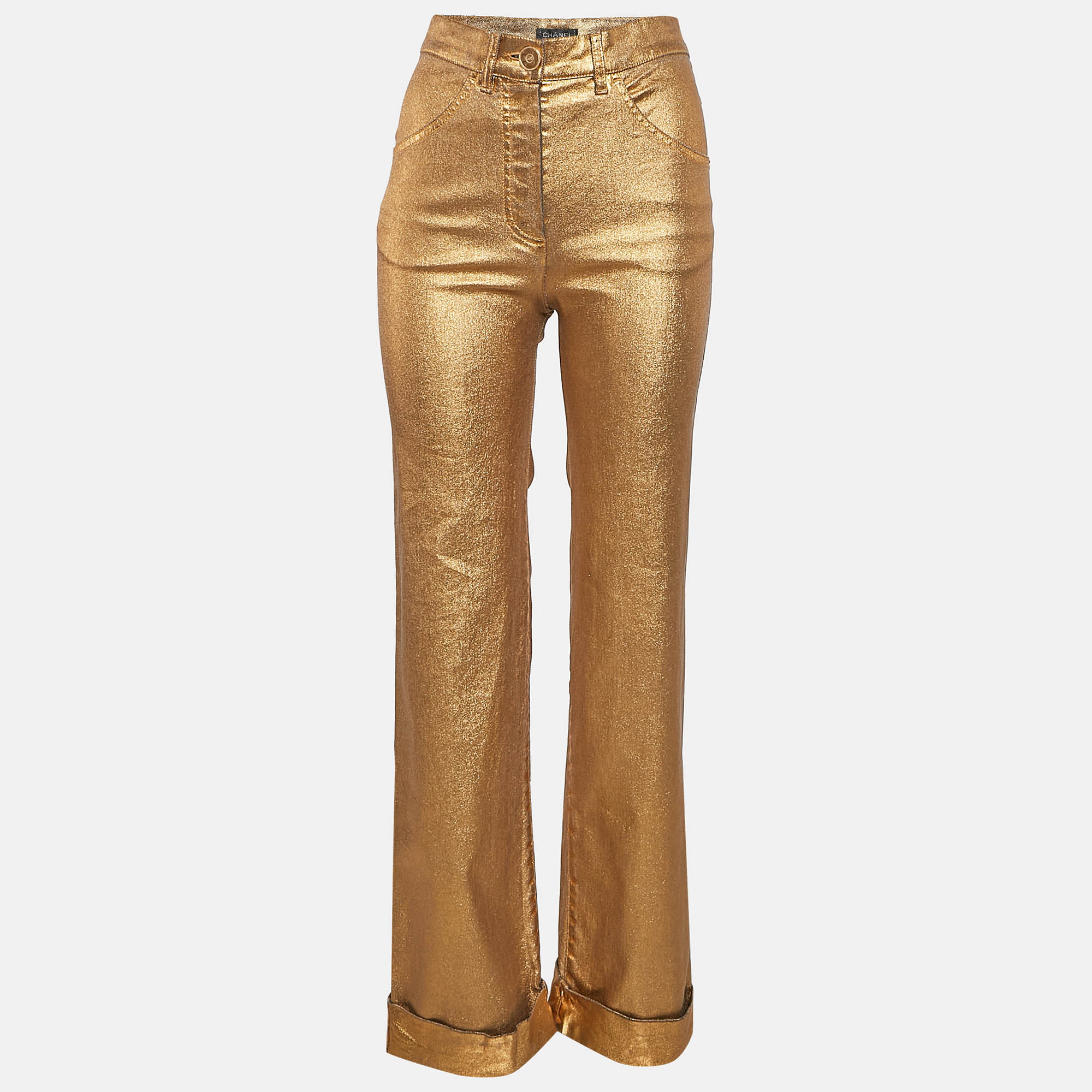 Chanel Gold Print Denim Wide Leg Jeans S Waist 28"