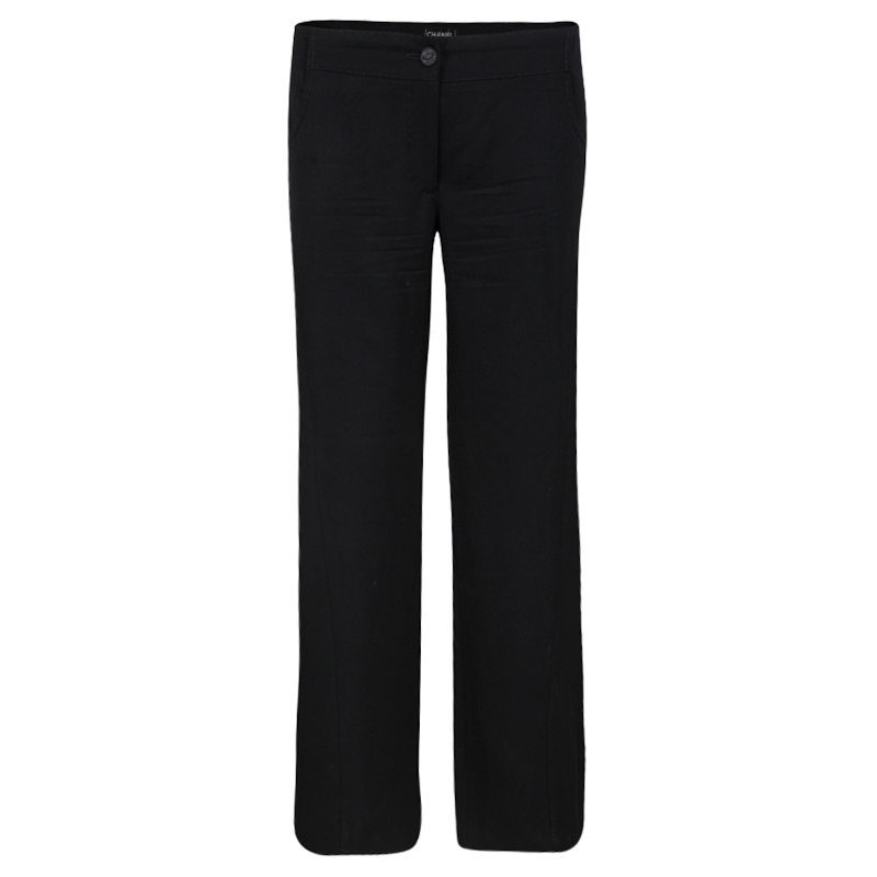 Image of Chanel Black Wool Top Stitch Detail Wide Leg Trousers L
