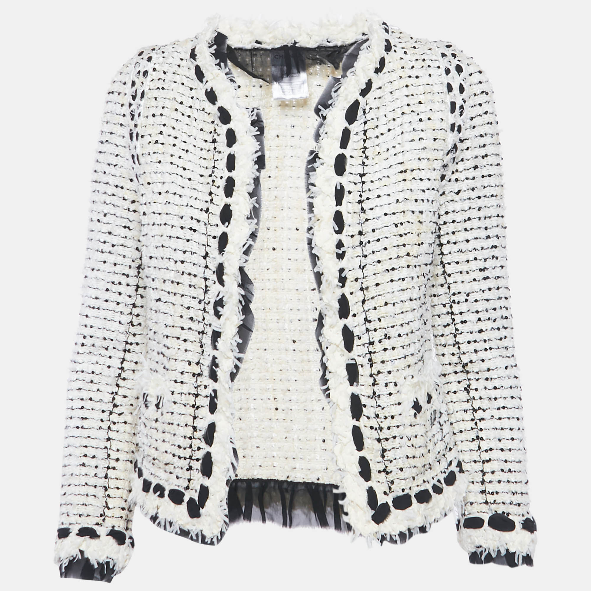Chanel White/Black Tweed Open Front Jacket S
Chanel White/Black Tweed Open Front Jacket S
