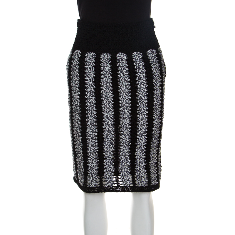 Chanel Black And White Crochet Detail Geometric Textured Skirt M