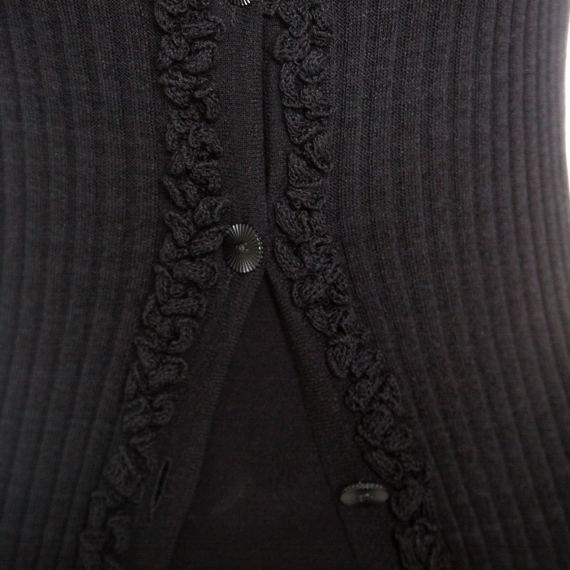 Chanel Black Rib Knit Ruffle Trim Long Cardigan S