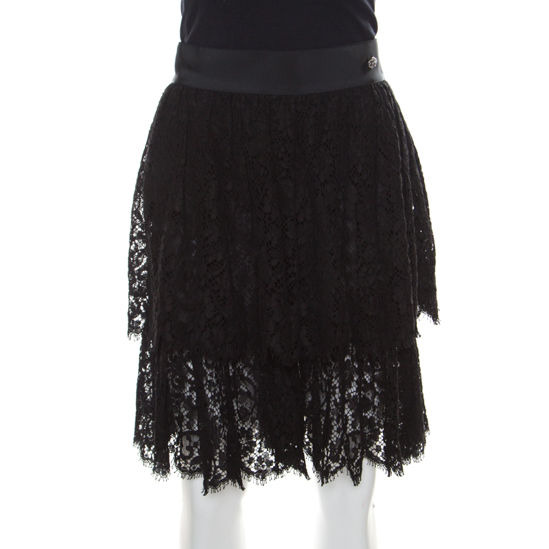 Image of Chanel Black Floral Cotton Lace Silk Lined Layered Culottes S