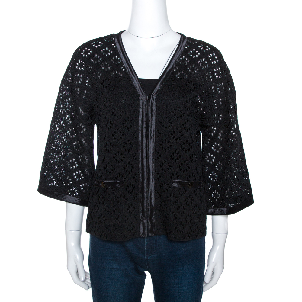 Image of Chanel Black Eyelet Knit Silk Cardigan S