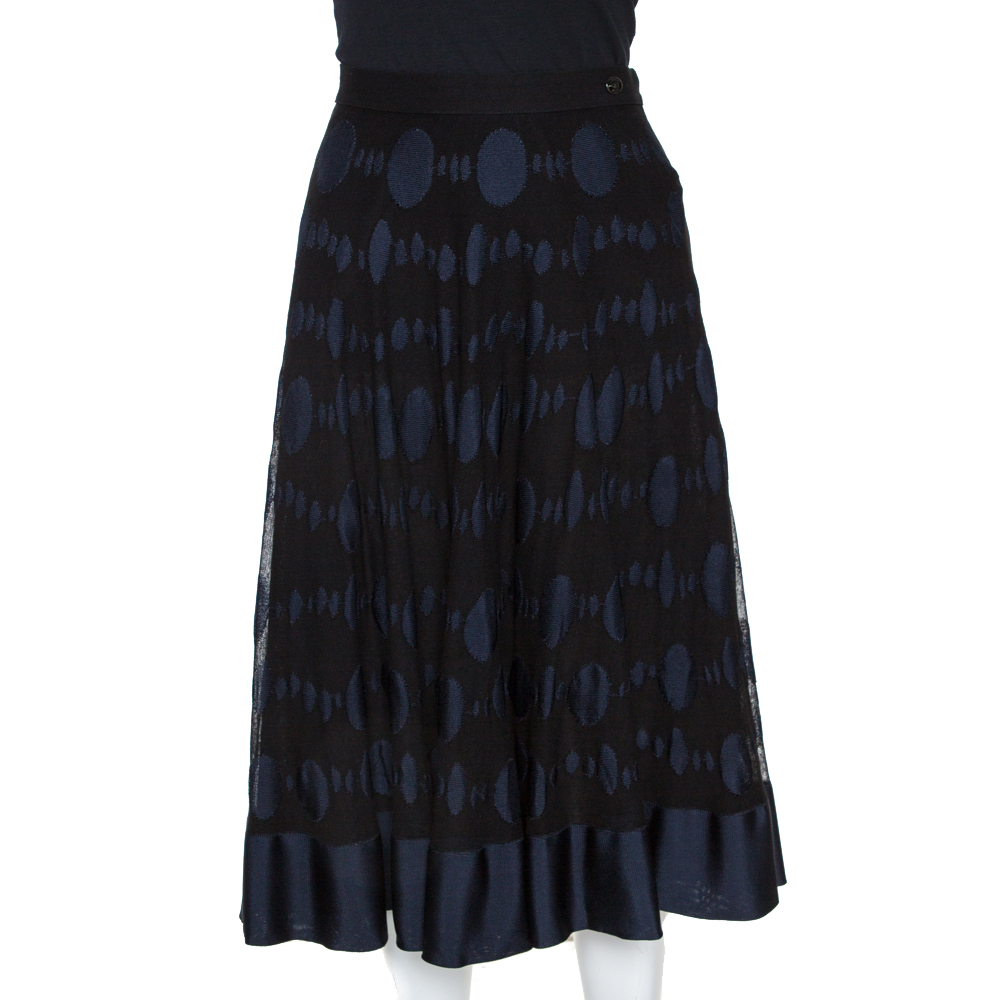 Image of Chanel Black and Blue Cotton Blend Jacquard A Line Midi Skirt L