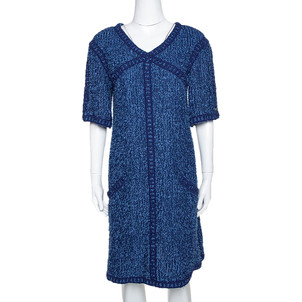 Image of Chanel Blue Boucle Tweed Shift Dress L