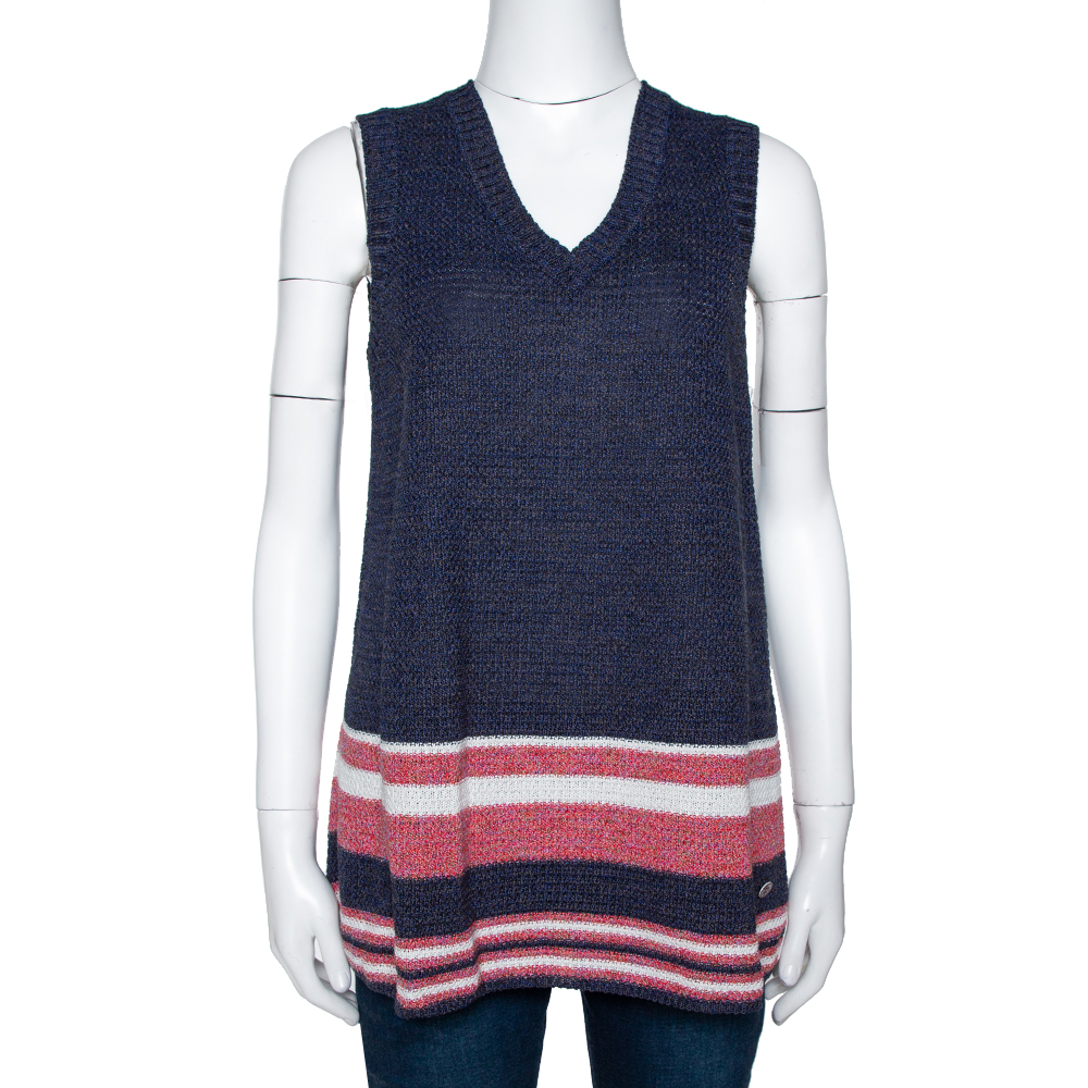 Image of Chanel Blue Cotton Blend Striped Sleeveless Top M