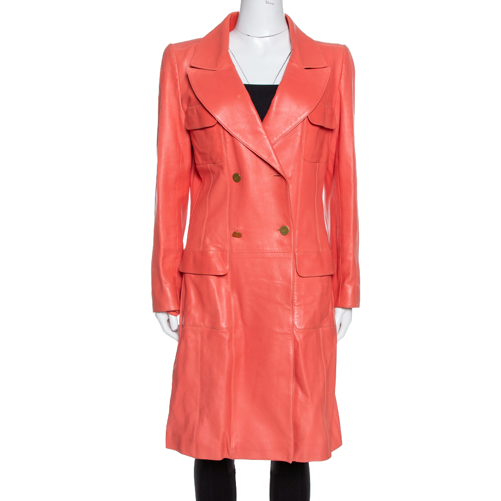 Image of Chanel Coral Pink Leather Double Breasted Trench Coat L