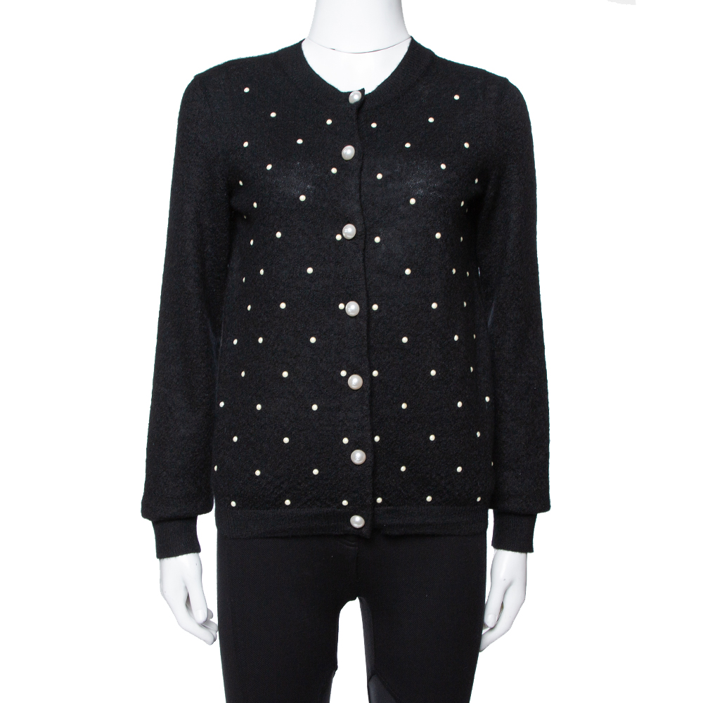 Image of Chanel Black Bead Embellished Mohair Button Front Cardigan M