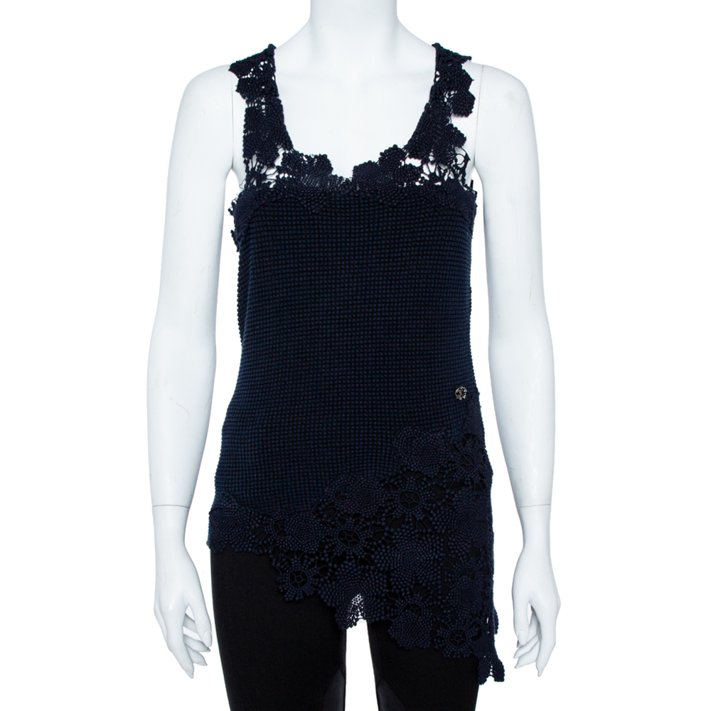 Image of Chanel Navy Blue Crochet Knit Lace Trim Sleeveless Top M