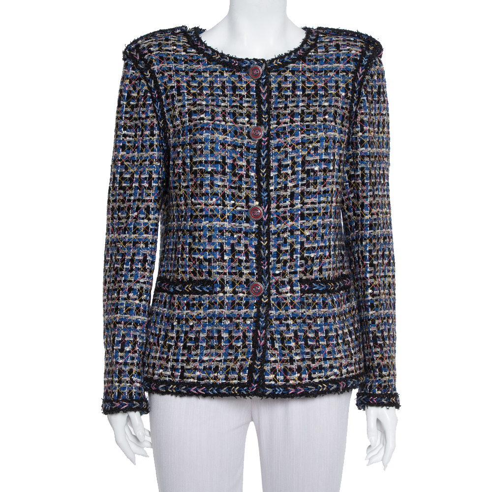Chanel Blue & Black Tweed Button Front Jacket XL