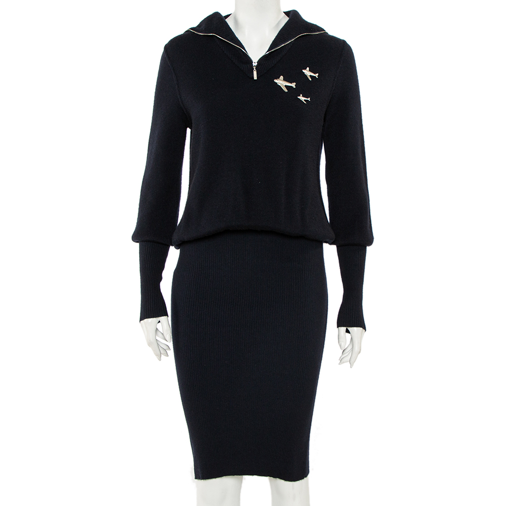 Chanel Navy Blue Cashmere Airplane Detail Fitted Dress S