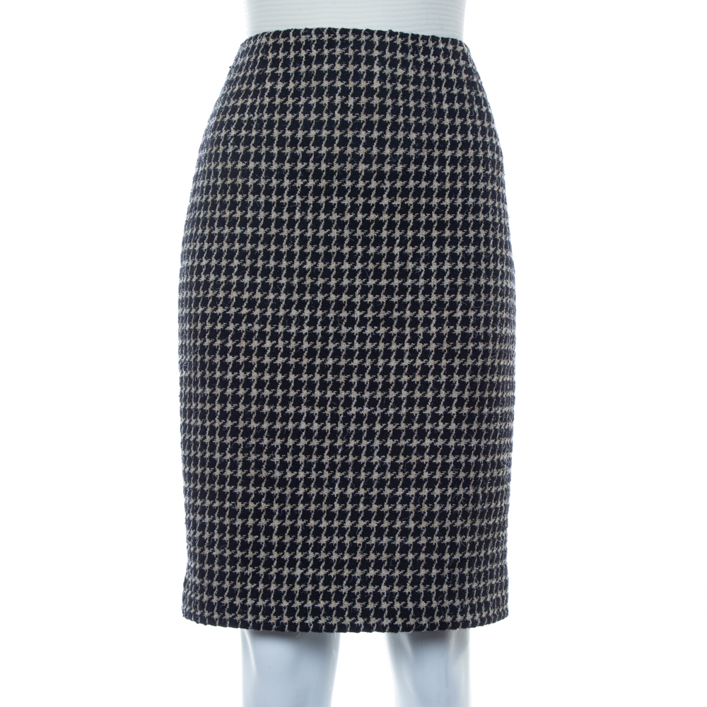 Chanel Black & Beige Tweed Back Button Detail Knee Length Skirt M