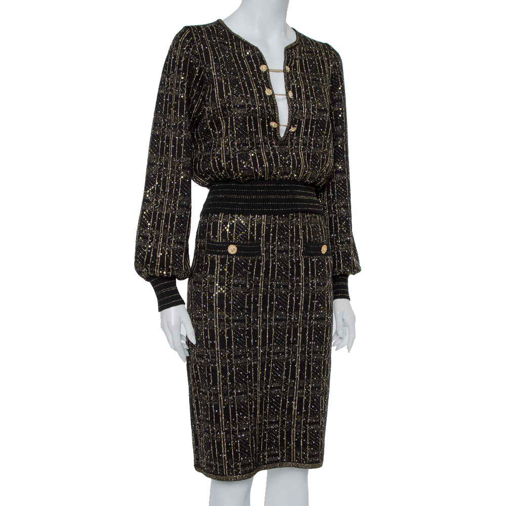 

Chanel Black Lurex Knit Stone & Sequin Embellished Crop Top & Skirt Set