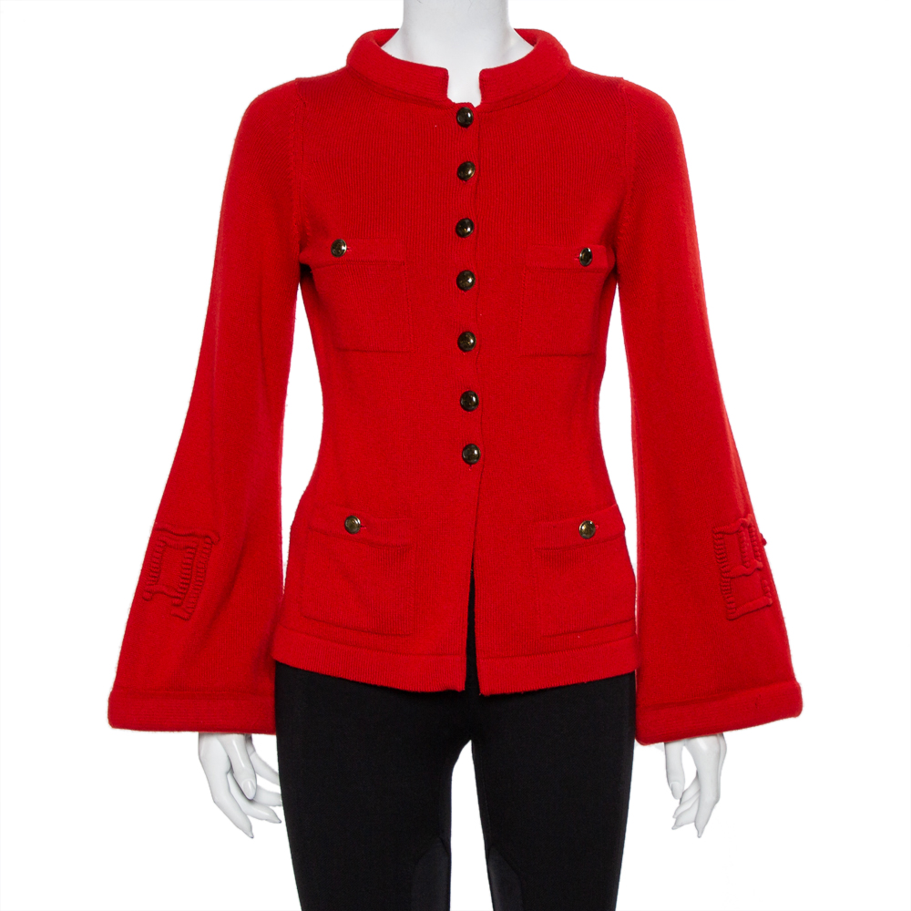 Chanel Red Cashmere & Wool Bell Sleeve Belted Sweater S