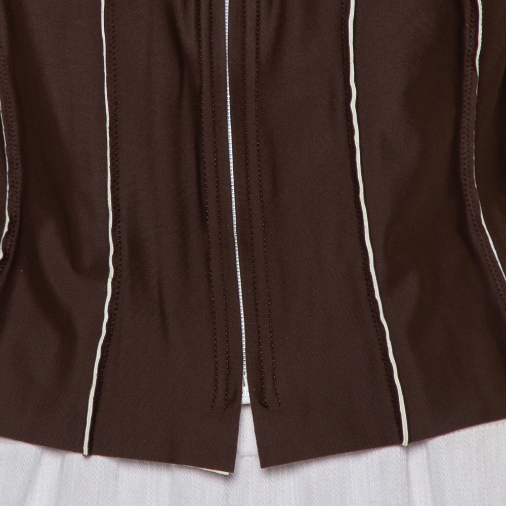 Chanel Brown Knit Paneled Zip Front Cropped Jacket L
