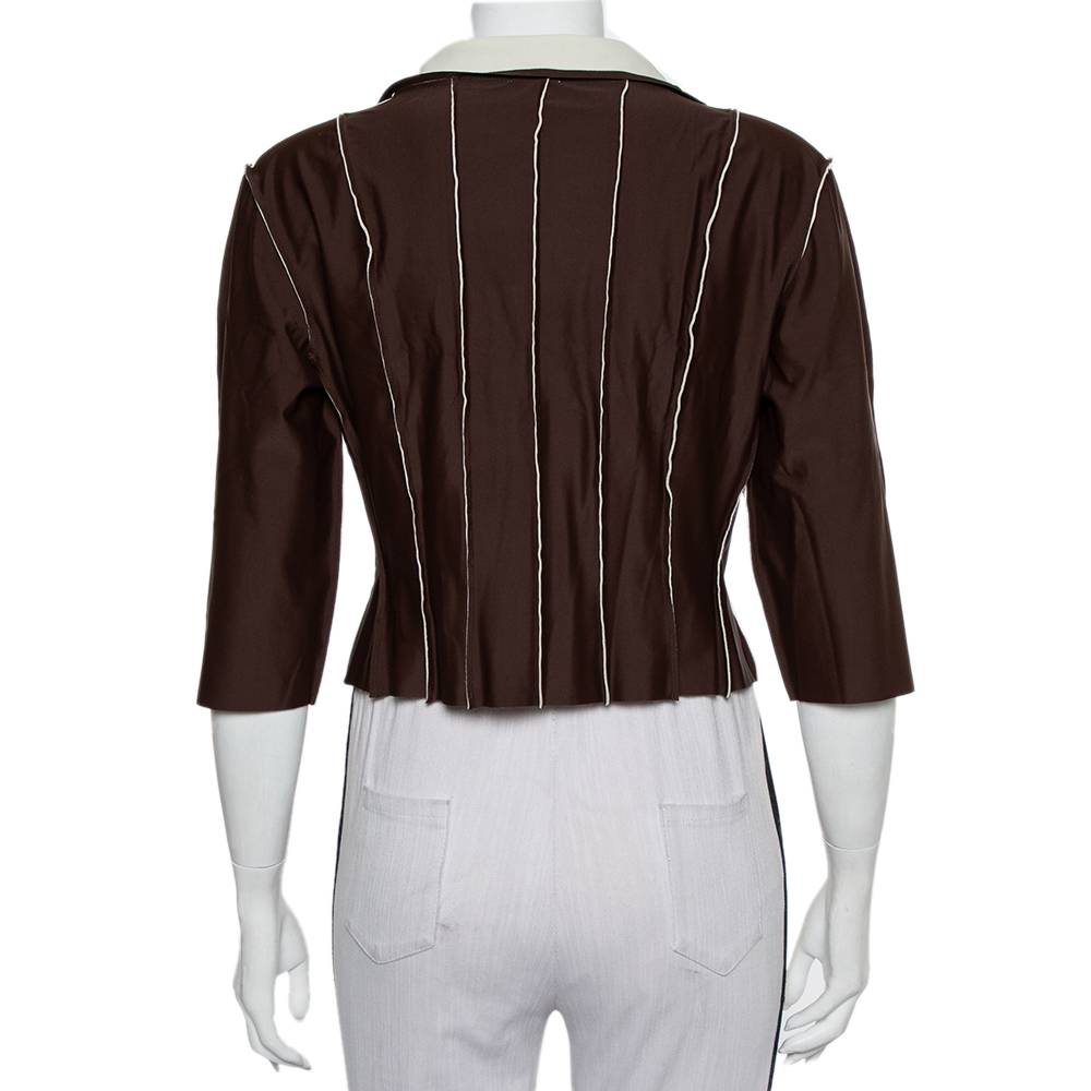 Chanel Brown Knit Paneled Zip Front Cropped Jacket L