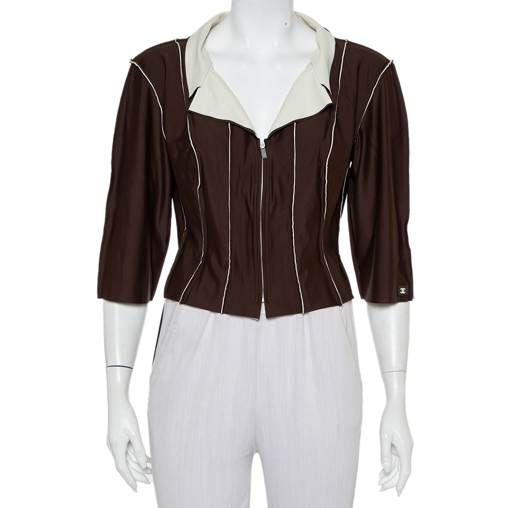 Chanel brown knit paneled zip front cropped jacket l