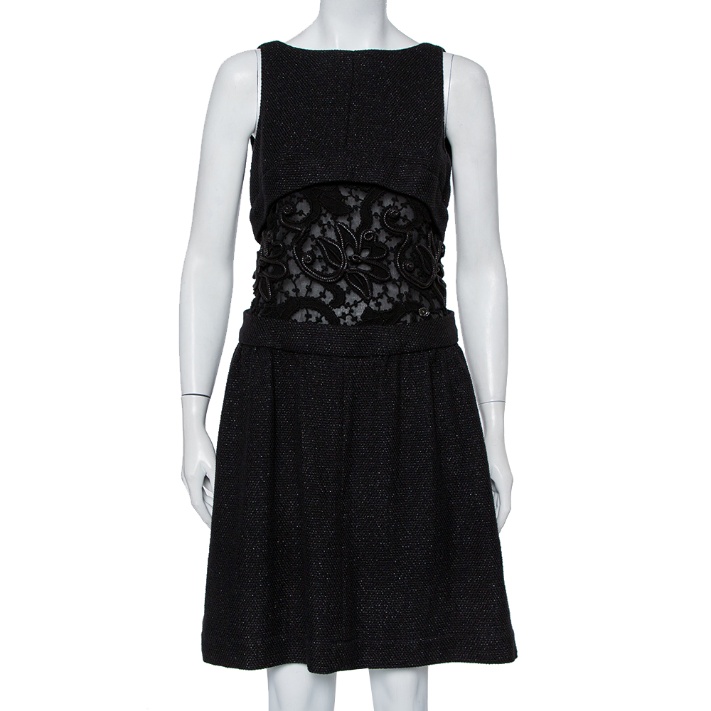 Chanel Black Wool & Lace Trim Sleeveless Mini Dress M