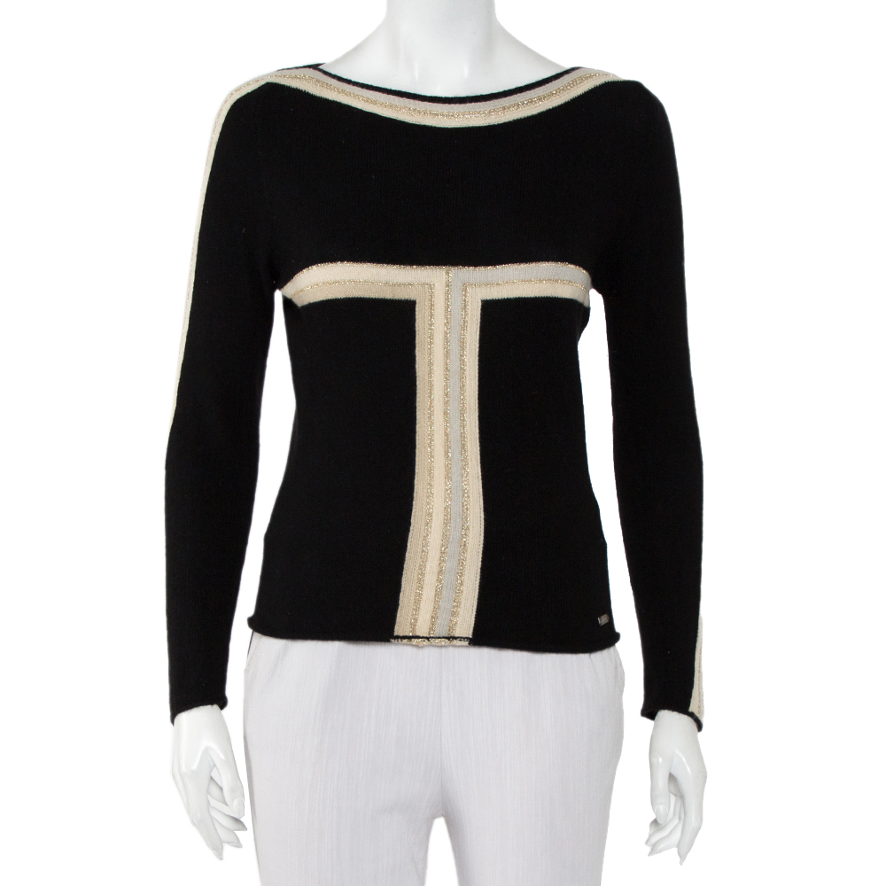 Chanel Black Cashmere Contrast Detail Boat Neck Sweater M