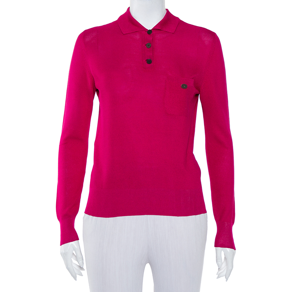 Chanel Magenta Silk Knit Long Sleeve Polo T-Shirt M