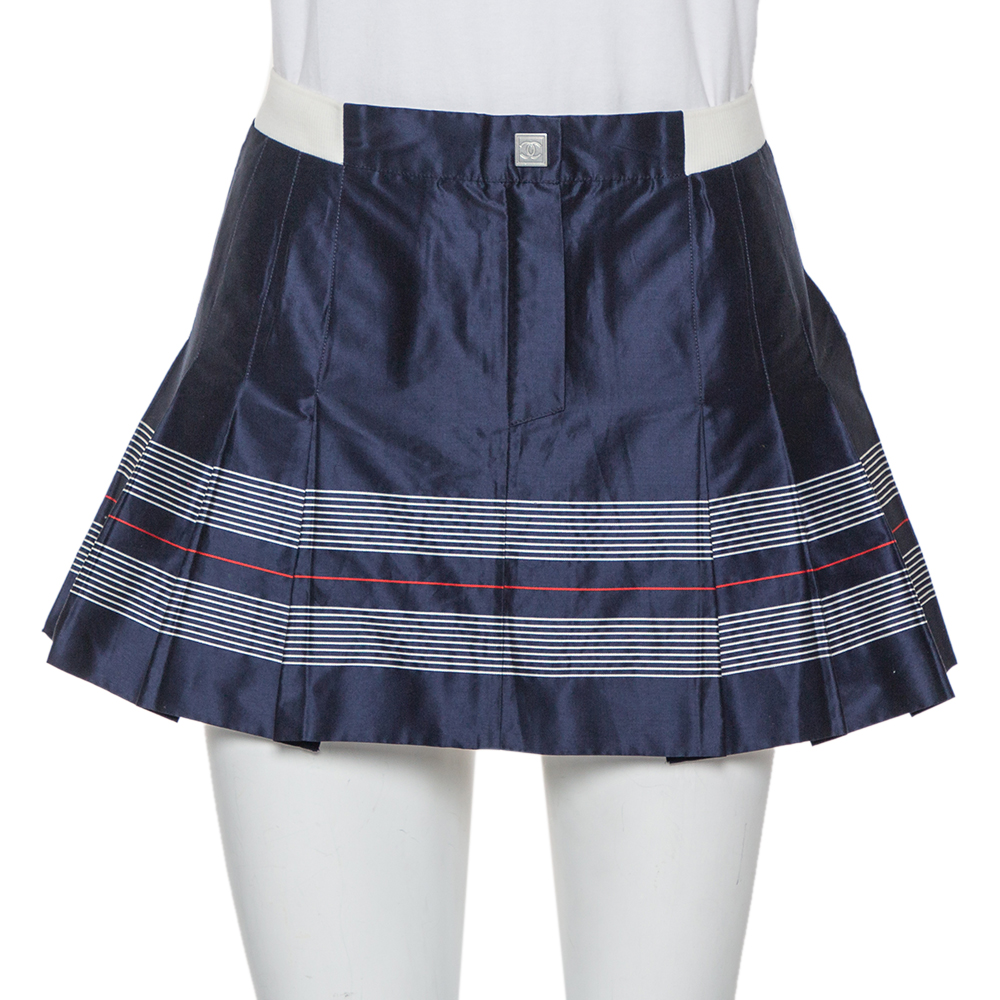 Chanel Navy Blue Cotton & Silk Striped Detail Pleated Tennis Skirt S