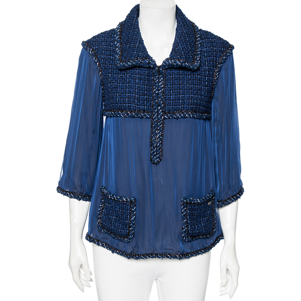 Chanel Blue Tweed & Silk Inset Zipped Neck Blouse M