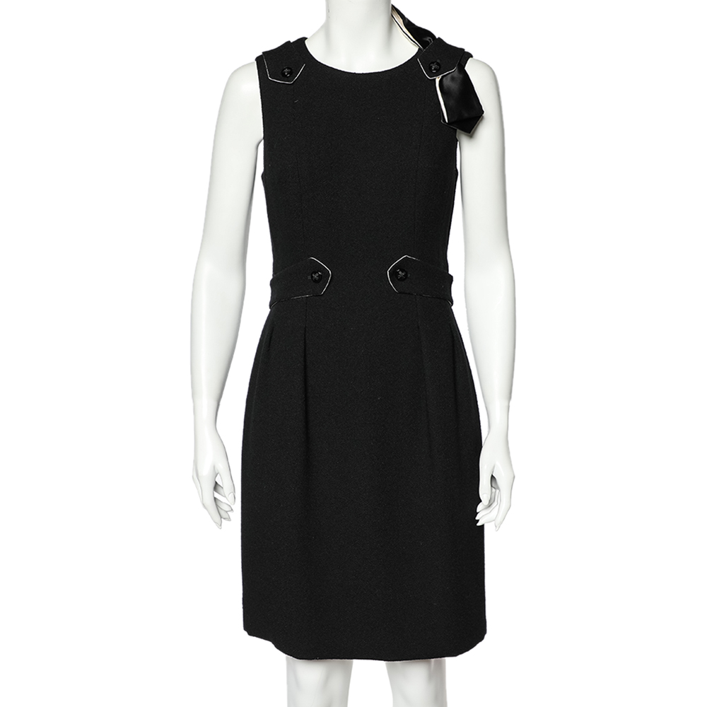 Chanel Black Textured Wool Bow Detailed Pleated Dress M
