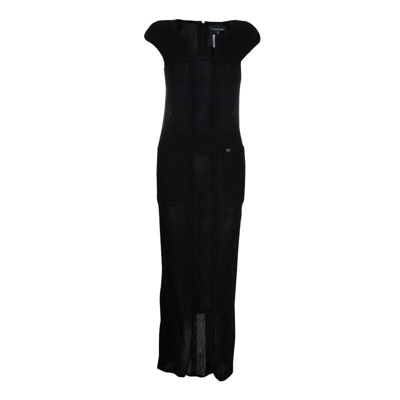 Image of Chanel Black Cap Sleeve Textured Cotton Maxi Dress S
