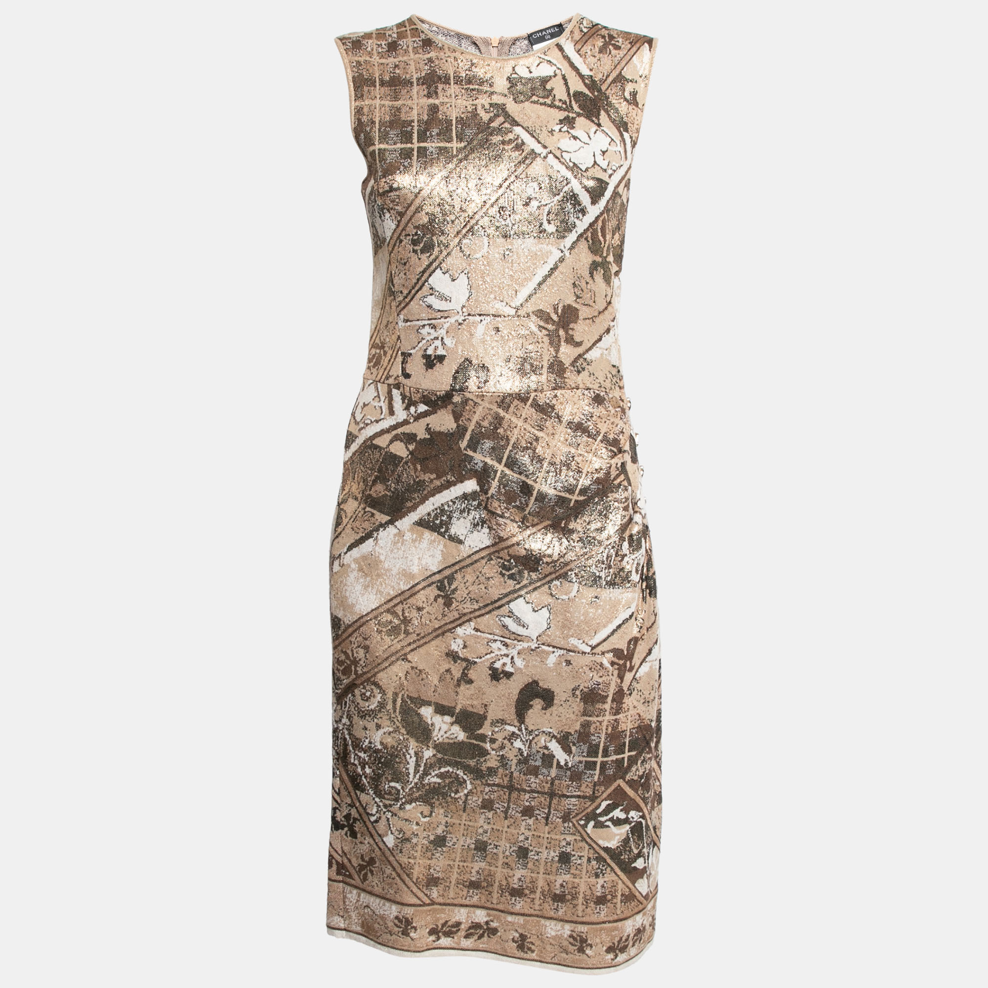 Chanel beige & gold jacquard knit button detail sleeveless dress m