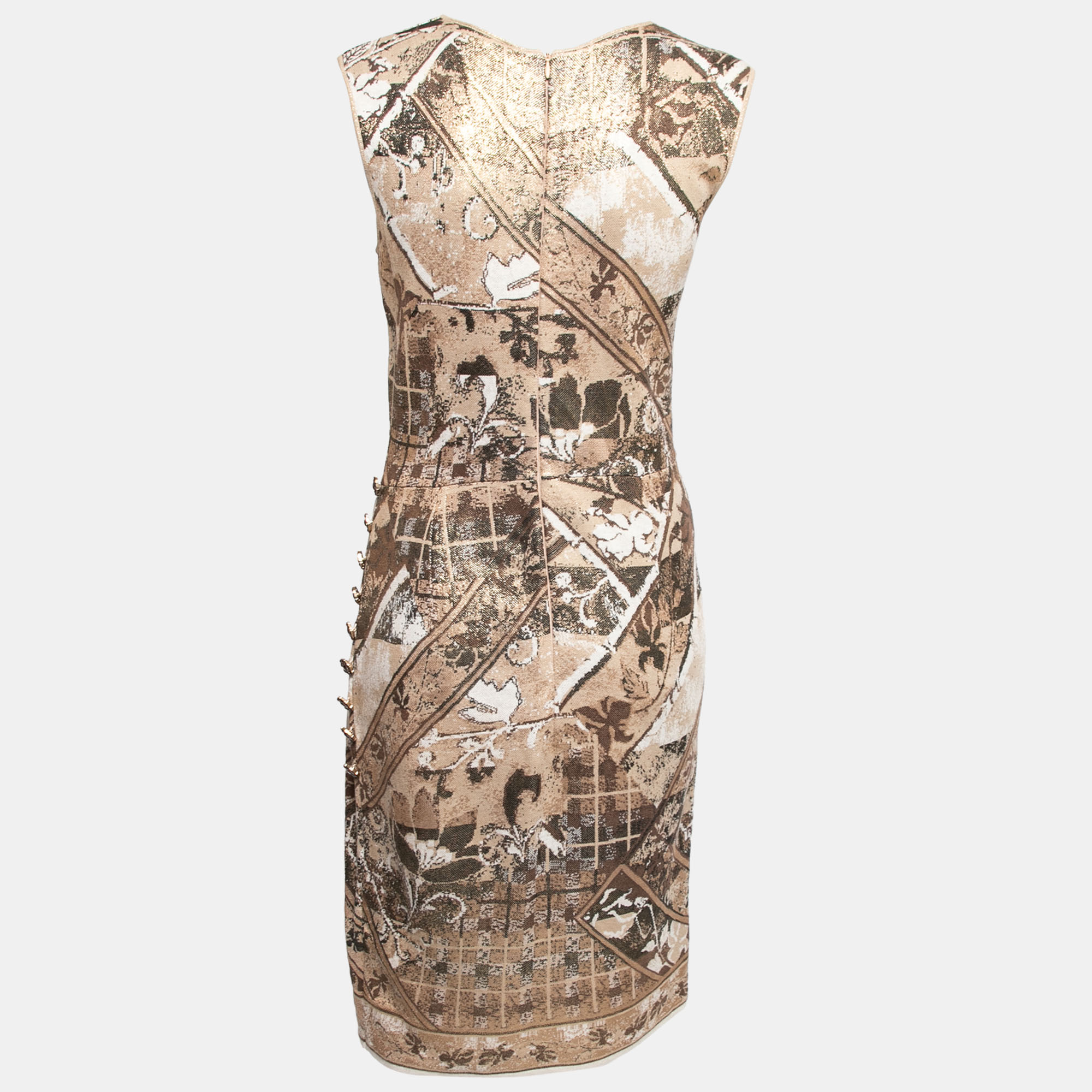 Chanel Beige & Gold Jacquard Knit Button Detail Sleeveless Dress M