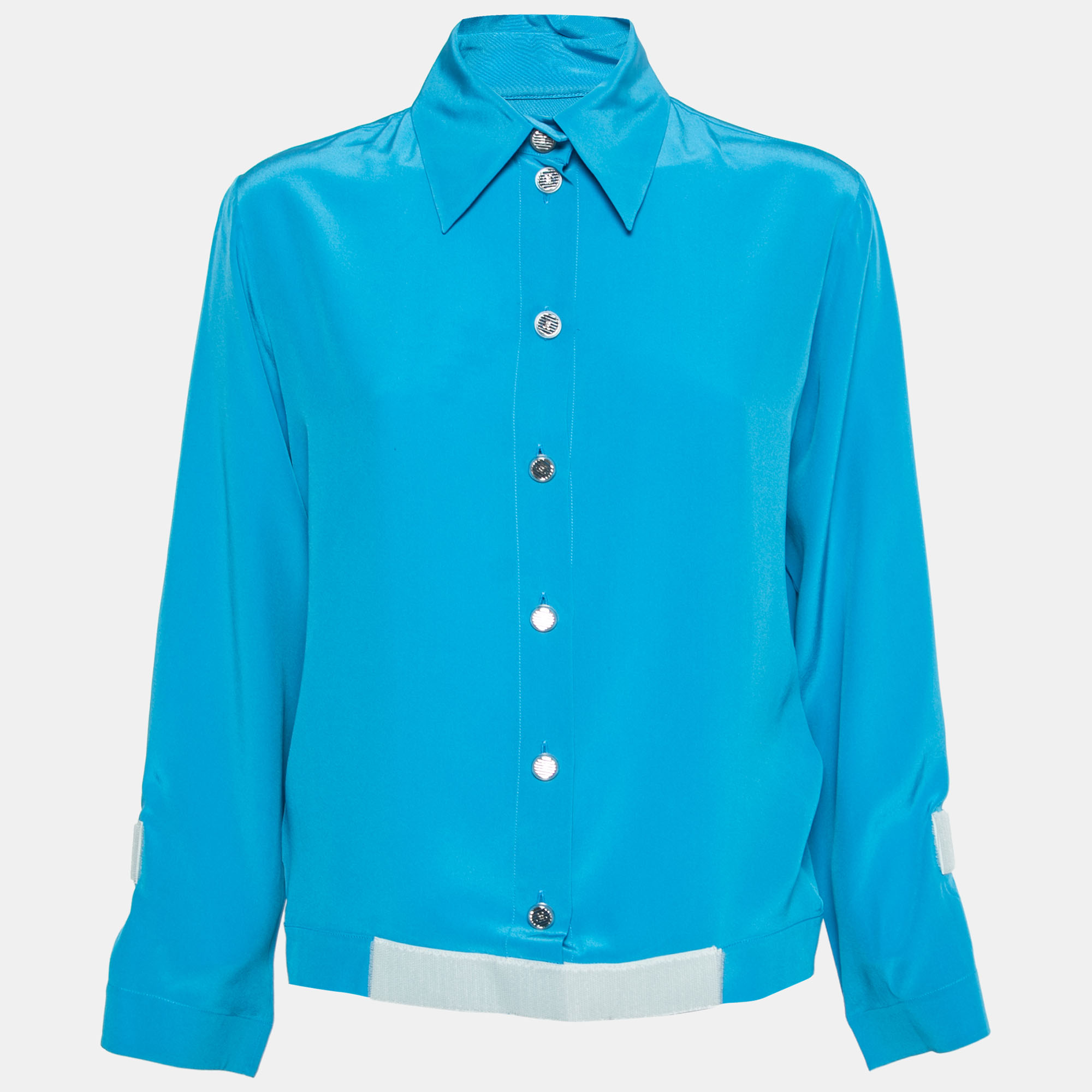 Chanel Blue Silk Velcro Trimmed Button Front Blouse S