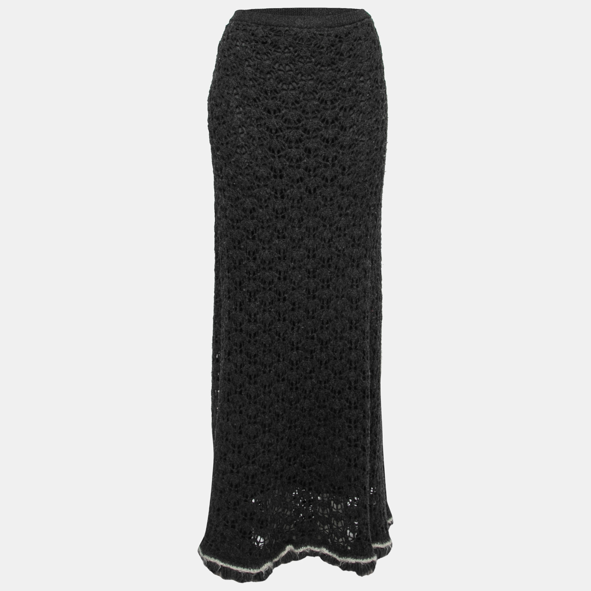 Chanel vintage dark grey camel hair & wool open knit maxi skirt xl
