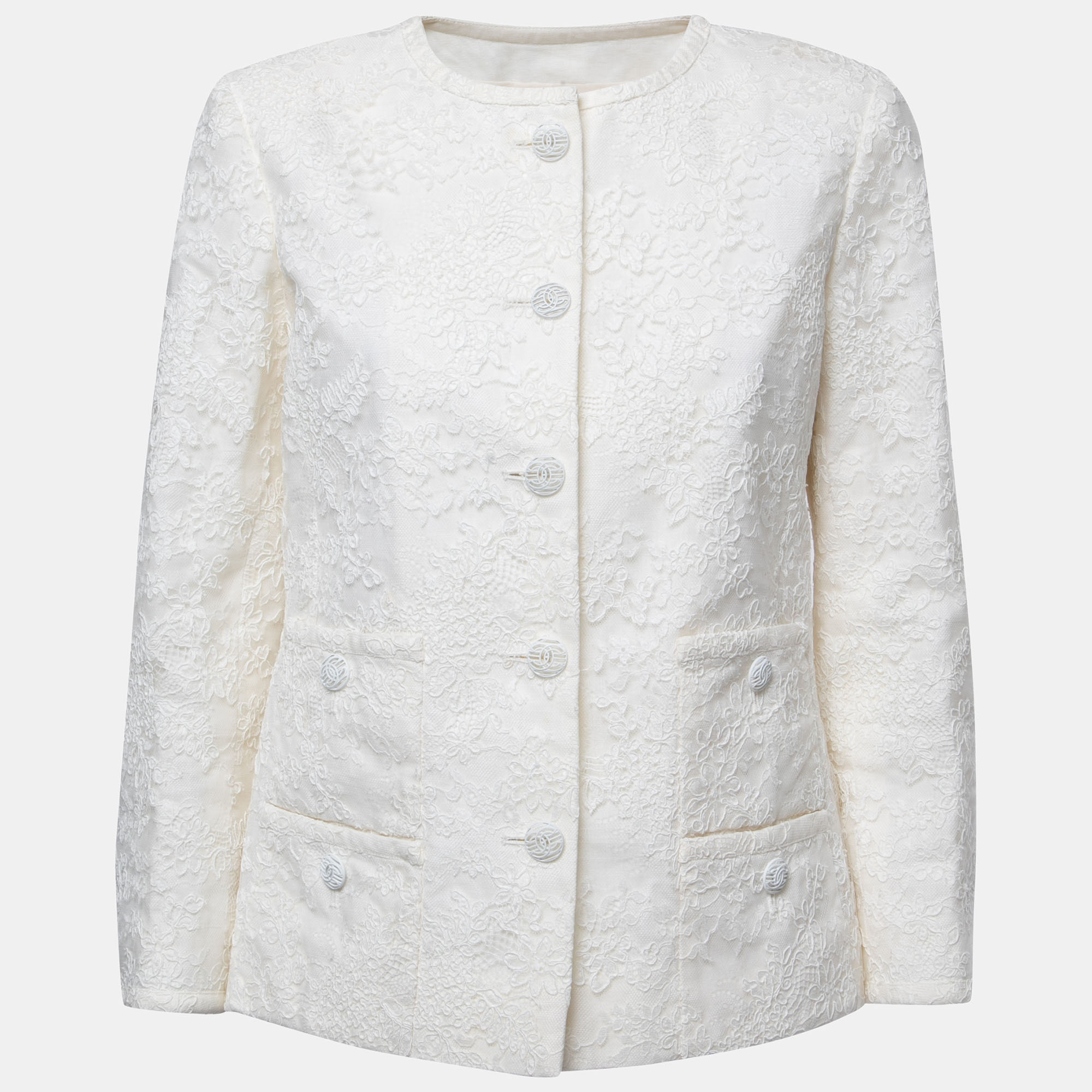 Chanel White Floral Lace Buttoned Jacket M