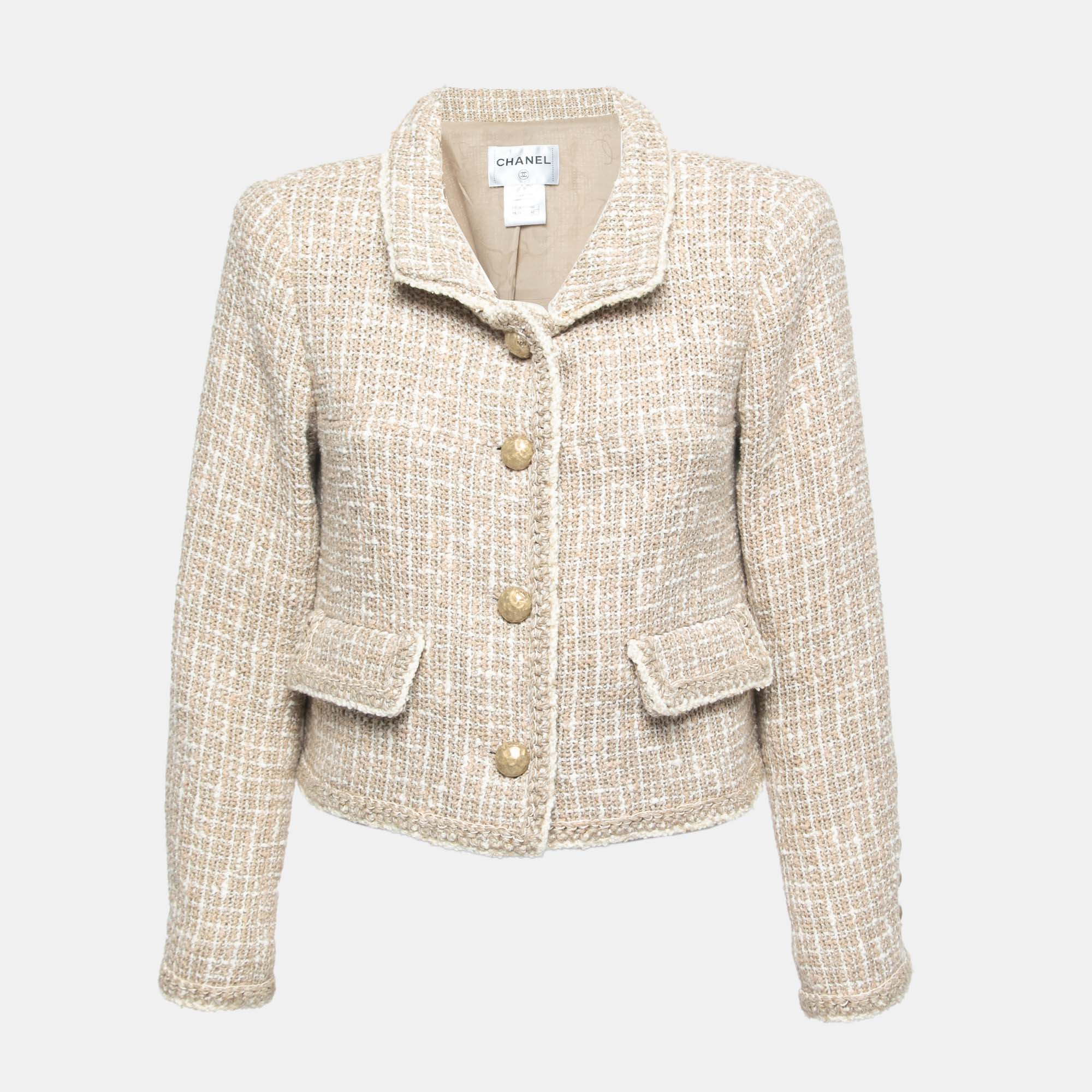 Chanel Beige Tweed Gold-Button Cropped Jacket XL