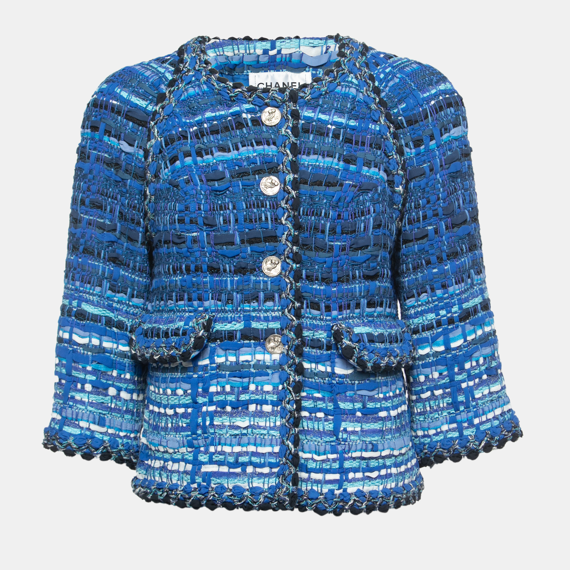 Chanel Blue Ribbon & Tweed Owl Button Jacket L