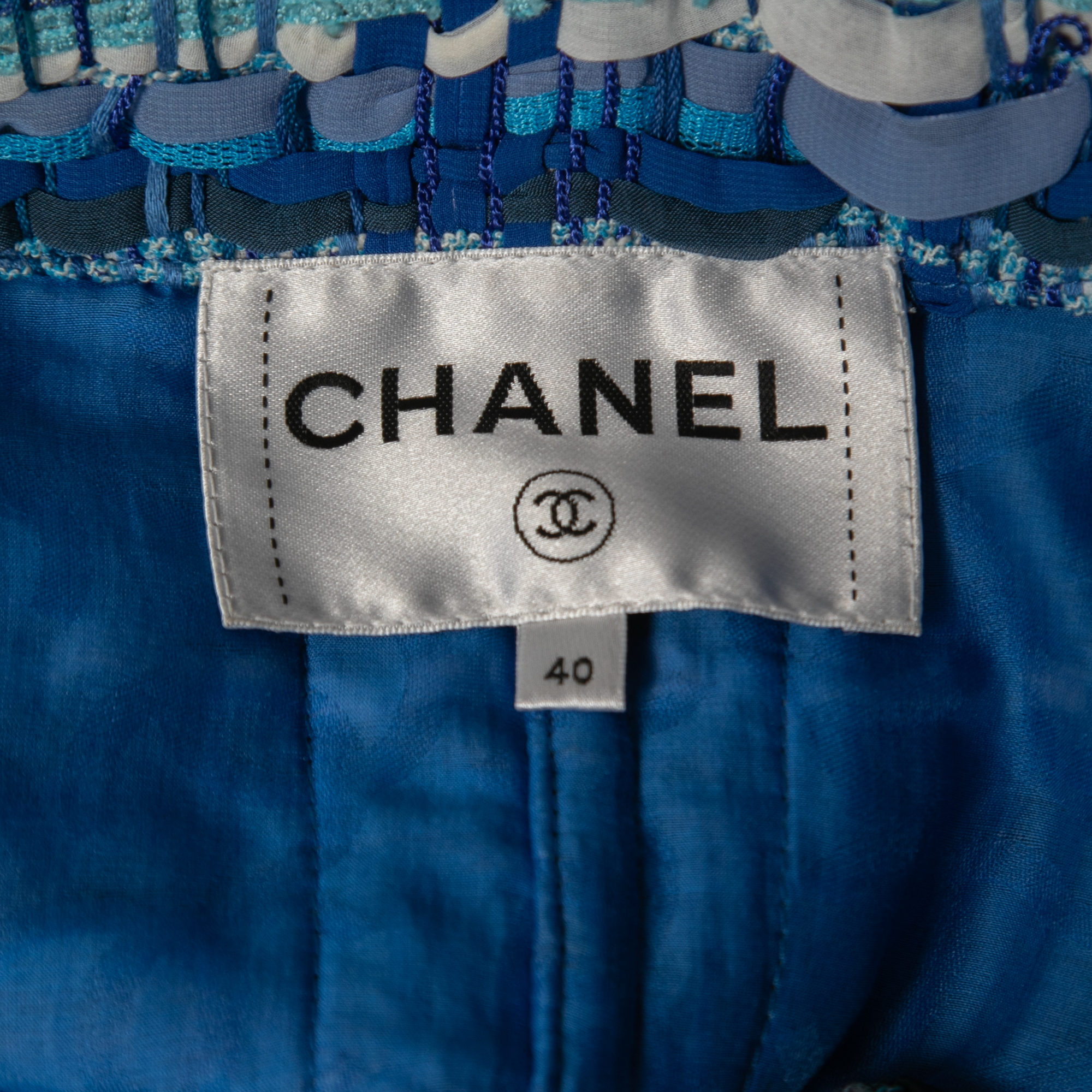 Chanel Blue Ribbon & Tweed Owl Button Jacket L