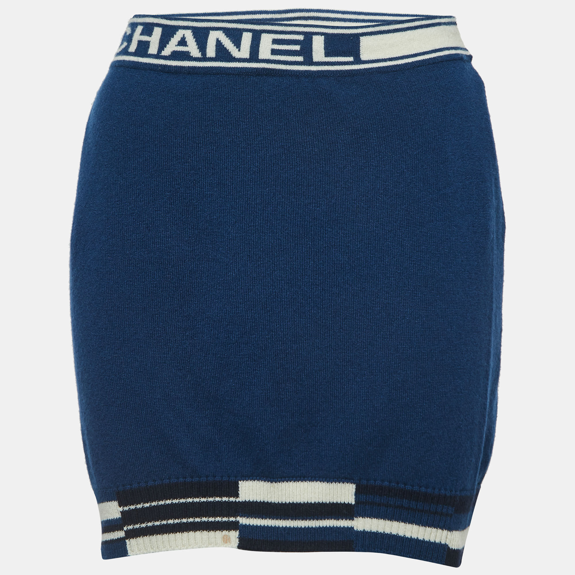 Chanel Navy Blue Logo Patterned Cashmere Mini Skirt S